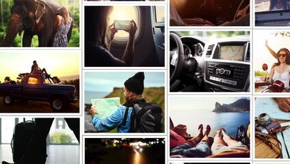 Travel, collage and people in photo album for adventure, holiday and vacation at international destination. Traveling montage, scrapbook and happy group for sightseeing, transport or journey memories