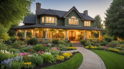 Beautiful green house with large front porch surrounded by lush flower garden glows in evening light