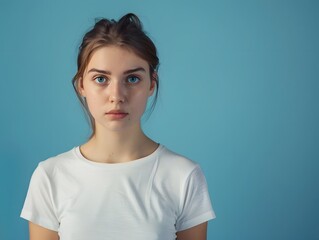 Obraz premium Ultra Realistic Portrait of Nervous Young Caucasian Woman Isolated on Blue Background