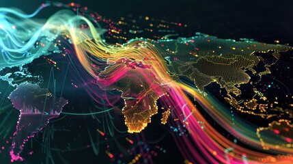 abstract representation of financial integration, with colorful data streams intertwining and forming a robust network over a global map