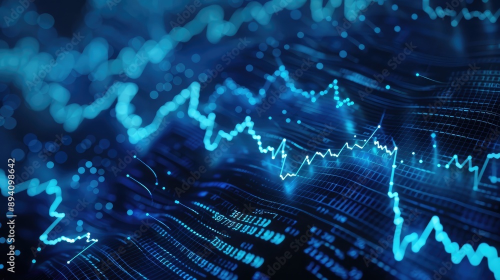 Poster abstract blue graph background with data points and lines, perfect for business presentations and fi