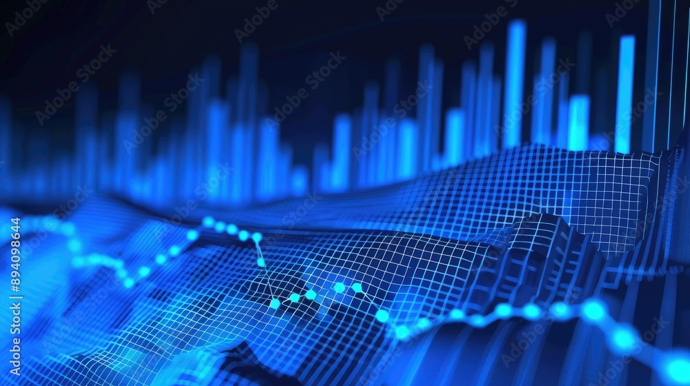 Poster abstract blue graph background with data points and lines, perfect for business presentations and fi