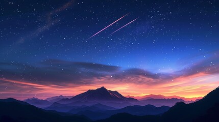 Celestial Spectacle: Meteor Showers Illuminating Silhouetted Mountain Range in Pristine Night Sky