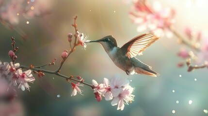 Fototapeta premium Beautiful hummingbird hovering near a flower, capturing its delicate and rapid movements