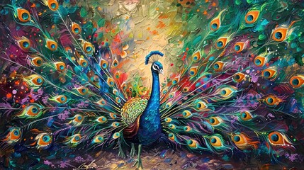 Beautiful peacock displaying its vibrant tail feathers, showcasing the splendor and intricacy of nature