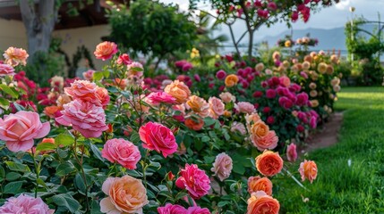 Fototapeta premium Beautifully arranged rose garden with a variety of colors and types, creating a romantic and fragrant setting