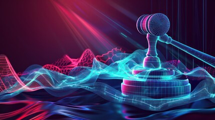 abstract visualization of financial regulations impact, with digital waves emanating from a gavel striking a pedestal, altering the digital landscape around it