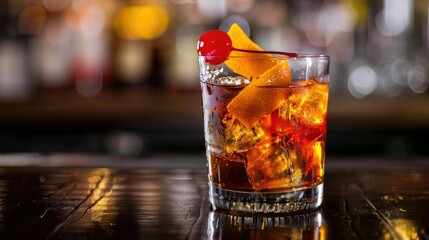 Classic old fashioned cocktail with an orange twist and a cherry, in a tumbler on a dark wooden bar