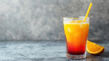 Fototapeta premium Classic tequila sunrise cocktail with layers of orange juice and grenadine, in a glass with a straw