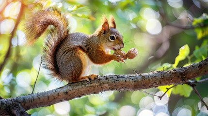 Curious squirrel holding a nut, perched on a tree branch, embodying nature's simplicity and charm