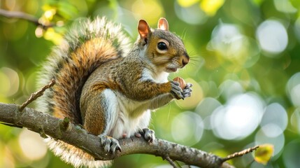 Obraz premium Curious squirrel holding a nut, perched on a tree branch, embodying nature's simplicity and charm