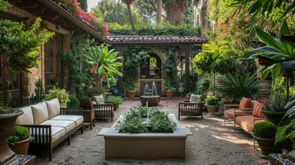 Fototapeta premium Elegant courtyard garden with potted plants, a water feature, and comfortable seating