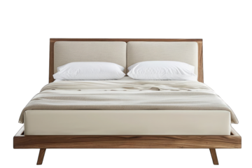 Modern minimalist style wooden bed, white headboard and frame with a soft velvet cover, low foot board, front view, transparent white background