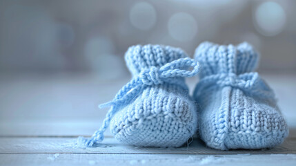 Soft blue knitted baby booties on light wooden surface