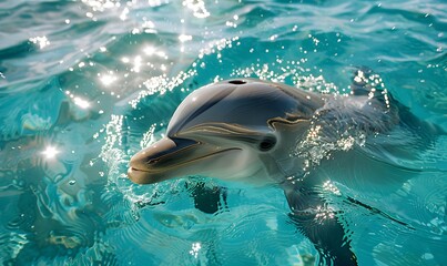 Fototapeta premium A dolphin's head pops out of the clear blue water, Generative AI
