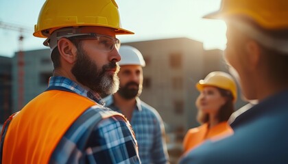 Architect caucasian man working with colleagues mixed race in the construction site