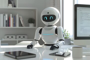 Fototapeta premium Futuristic white robot assistant with smiling face sitting at a modern office desk, ready to assist.