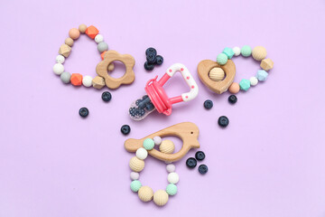 Composition with baby nibbler, blueberry and wooden teethers on lilac background