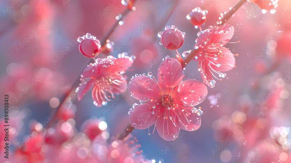 Poster Pink Flowers with Dew Drops