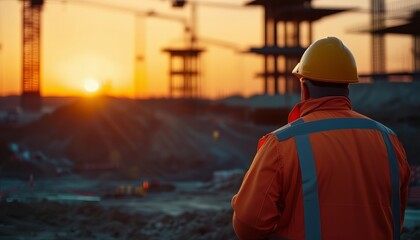 Fototapeta premium Background of a worker inspecting a project at a construction site Building Site at Sunset