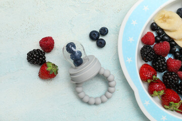 Plate with baby nibbler and fresh berries on light background