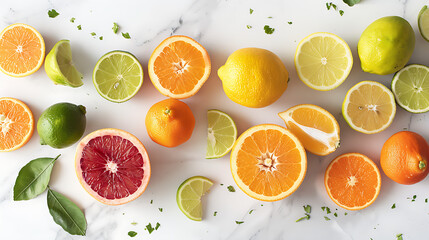 Citrus fruits like oranges, lemons, and limes sliced and displayed on a white marble background, high resolution 