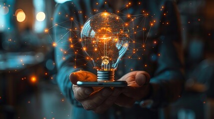 Businessman holding a glowing light bulb with a digital network connection.