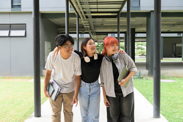 Group of Diverse Students Smiling and Walking Together on Campus with Laptops and Headphones