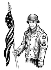 US soldier with American flag. Hand drawn retro styled ink black and white illustration