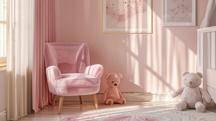Stuffed animal on pink chair by mockup poster in nursery, near bed. Real photo. Add your poster here