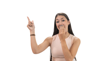 young latina woman with long hair and a hand over her mouth and a surprised look on her face