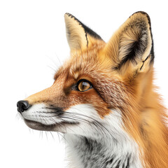 Fototapeta premium Close-up of a red fox with a detailed and captivating gaze, showcasing its fur texture and sharp features against a white background.