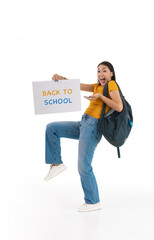 a young latina girl with long hair and a back-to-school sign and casual clothes