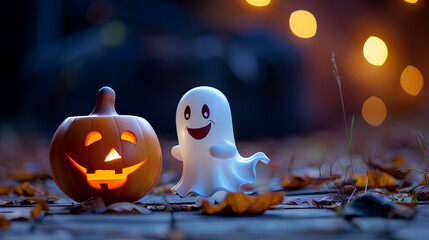 Closeup of cute funny laughing jack o lantern and ghost.