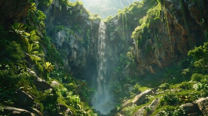 A waterfall cascading into an infinite void surrounded by lush greenery
