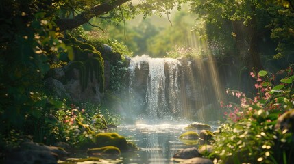 Fototapeta premium A waterfall cascading into an infinite void surrounded by lush greenery
