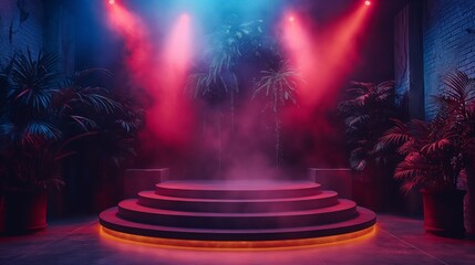 Dreamy Neon-Lit Stage with Colorful Lighting and Tropical Decor Stage Atmosphere