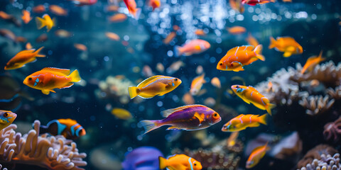 Cardume colorido de peixes nadando em um recife de corais