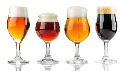 Different kinds of beer in beer mugs isolated on transparent background