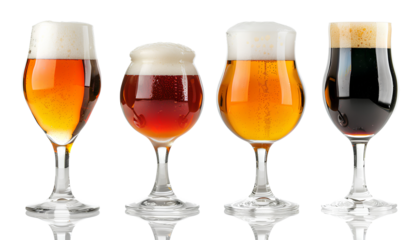 Different kinds of beer in beer mugs isolated on transparent background