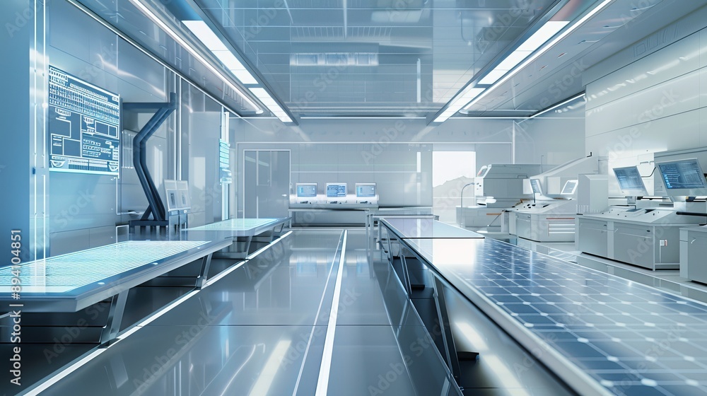 Poster futuristic laboratory setting with solar panels undergoing rigorous testing in a controlled environm