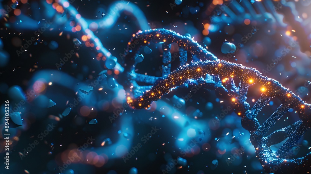 Poster 3d render of complex dna helix structure against abstract background, featuring intricate molecular 