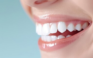 Obraz premium A close-up of a person smiling with bright, white teeth, showcasing dental health and conveying happiness and confidence.