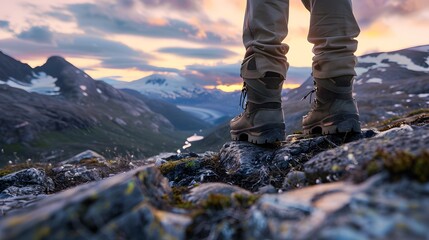 Hiking boots on rocky terrain with mountain landscape background, hiking, boots, rocky, terrain, mountain, landscape, outdoor, adventure, exploration, nature, wilderness, travel, footwear. 