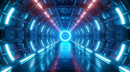 Fototapeta premium Sci-Fi Space Station with Blue Neon Tunnel, Round Light Corridor, and Glowing Portal Entrance, Highlighting Advanced Technology Concept