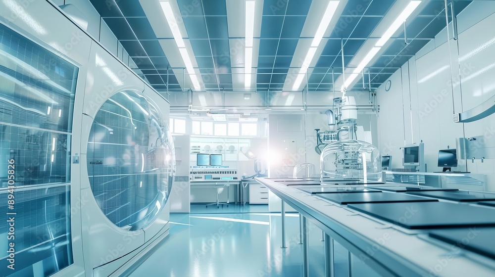 Poster futuristic laboratory setting with solar panels undergoing rigorous testing in a controlled environm