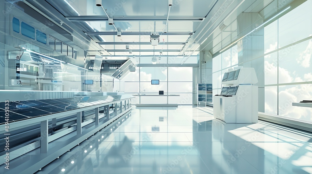 Poster futuristic laboratory setting with solar panels undergoing rigorous testing in a controlled environm