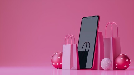 Stylish Smartphone and Pink Shopping Bags in Festive Setting with Balls