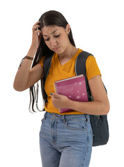 young woman with long hair holding a notebook and a worried look on her face