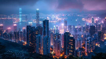 Fototapeta premium bustling cityscape at night with skyscrapers lit up and busy streets below